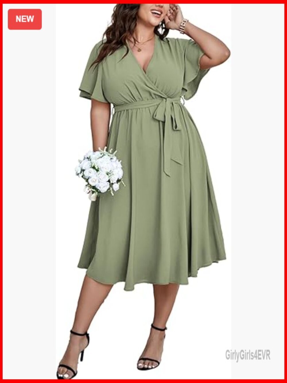 Plus Size Wedding Guest Cocktail Midi Dress Short Sleeve Wrap V Neck A-Line